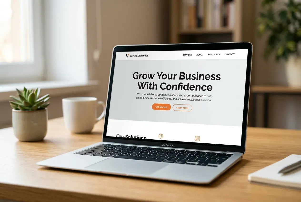 Laptop on a desk showing a sample business website